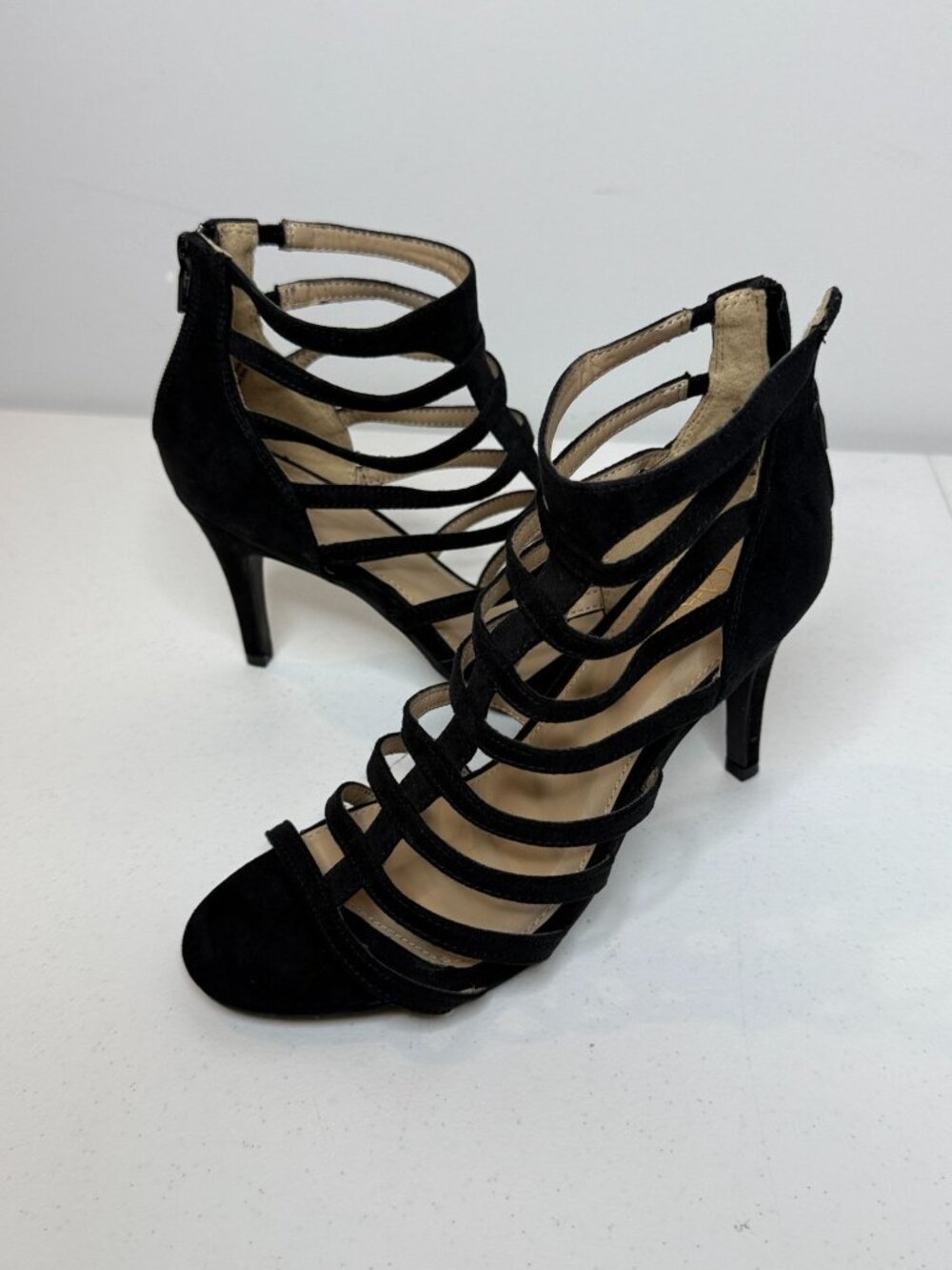 Cato Black Strappy Stiletto Heels Size 7 Caged Back Zip Sandals